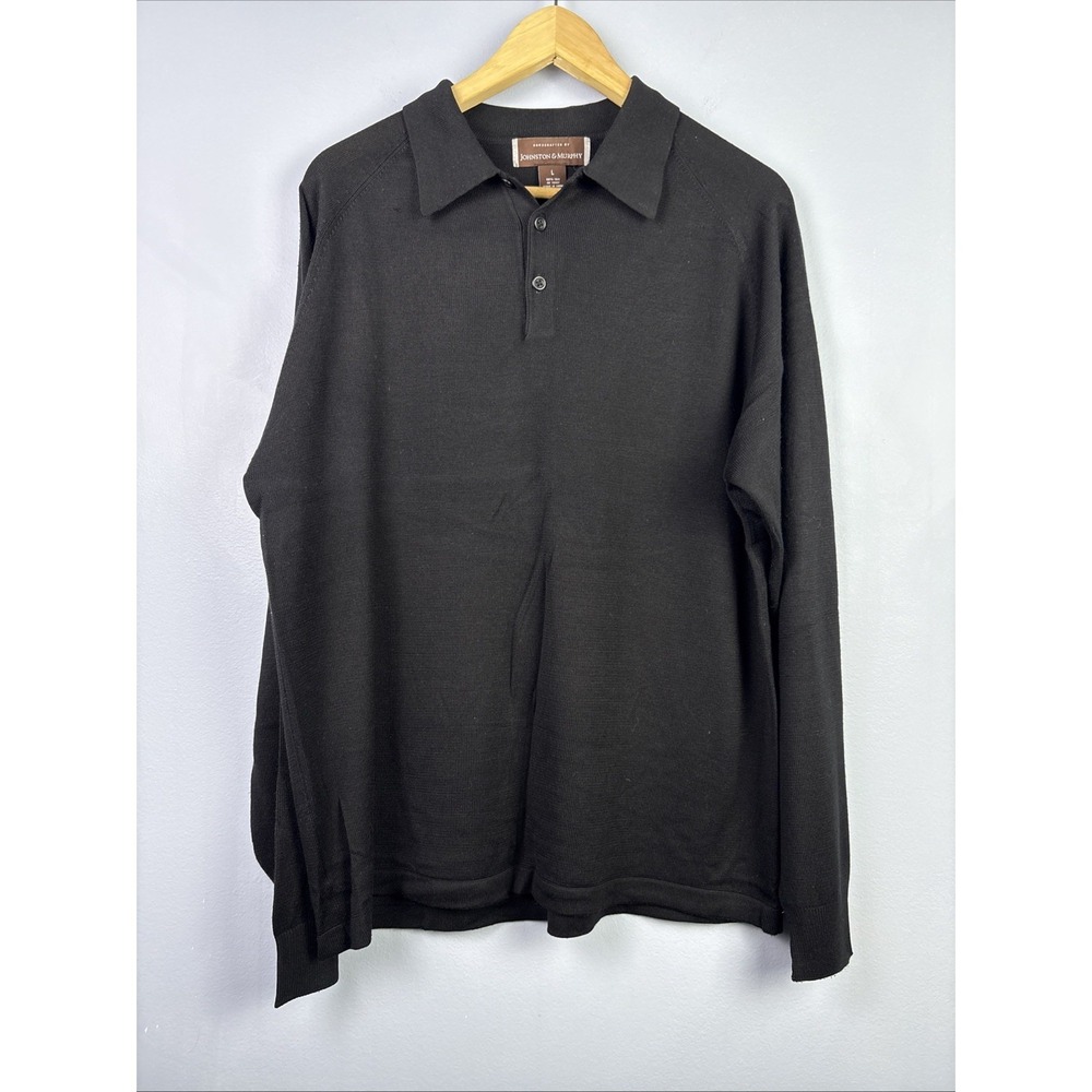 100% Silk Long Sleeve Polo Shirt Black Large Johnston And Murphy Old Money